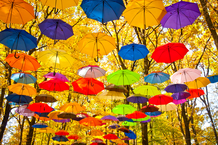 autumn umbrellas in the sky bright umbrellas flying in the sky against a background of yellow leaves of the trees in late autumn